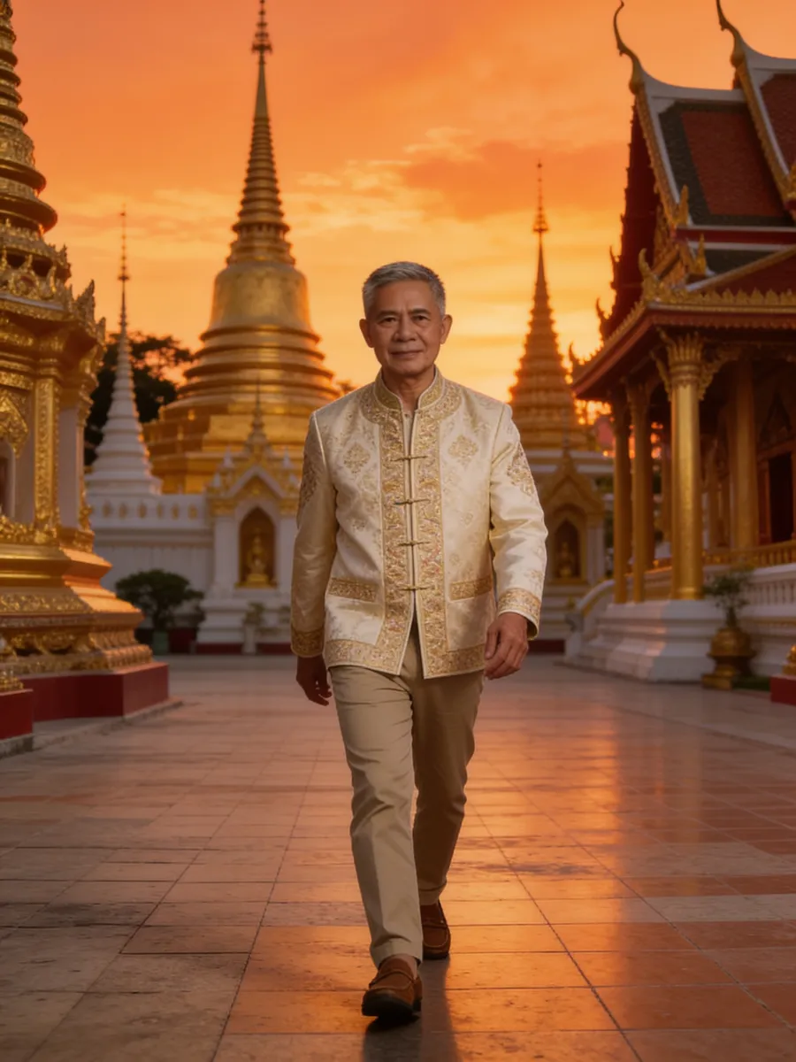 ผู้ชายในชุดไทยเดินในวัดตอนพระอาทิตย์ตก